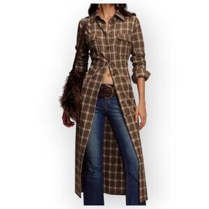 Commense Plaid Button Front Shirt Dress Maxi Layering Duster Brown Western Chic